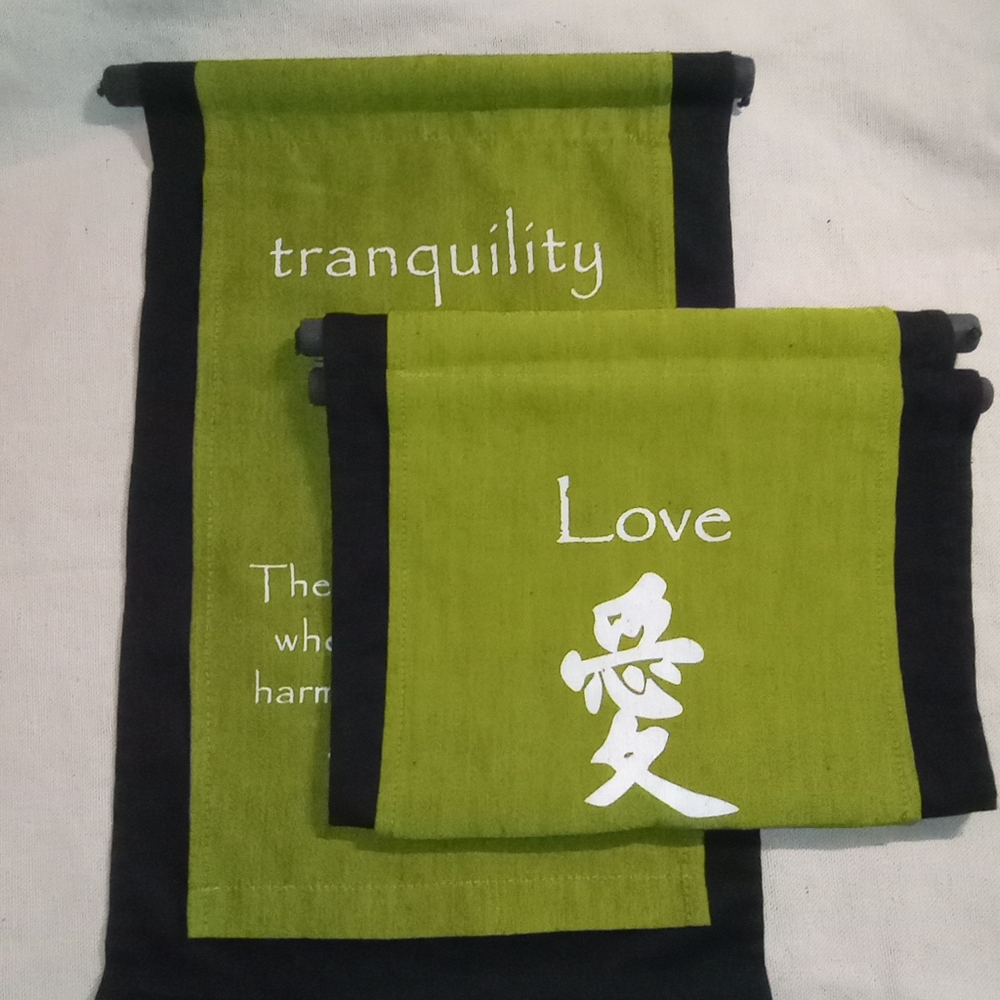 Set Of 2 Green and Black Wall Hanging with Tranquility and Love Text